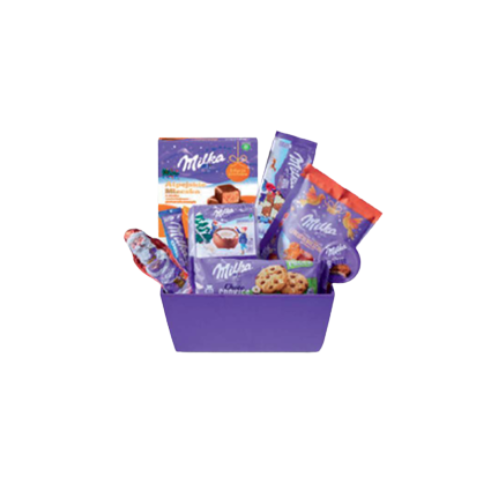 Zestaw prezentowy w koszyczku fioletowy ze słodyczami Milka